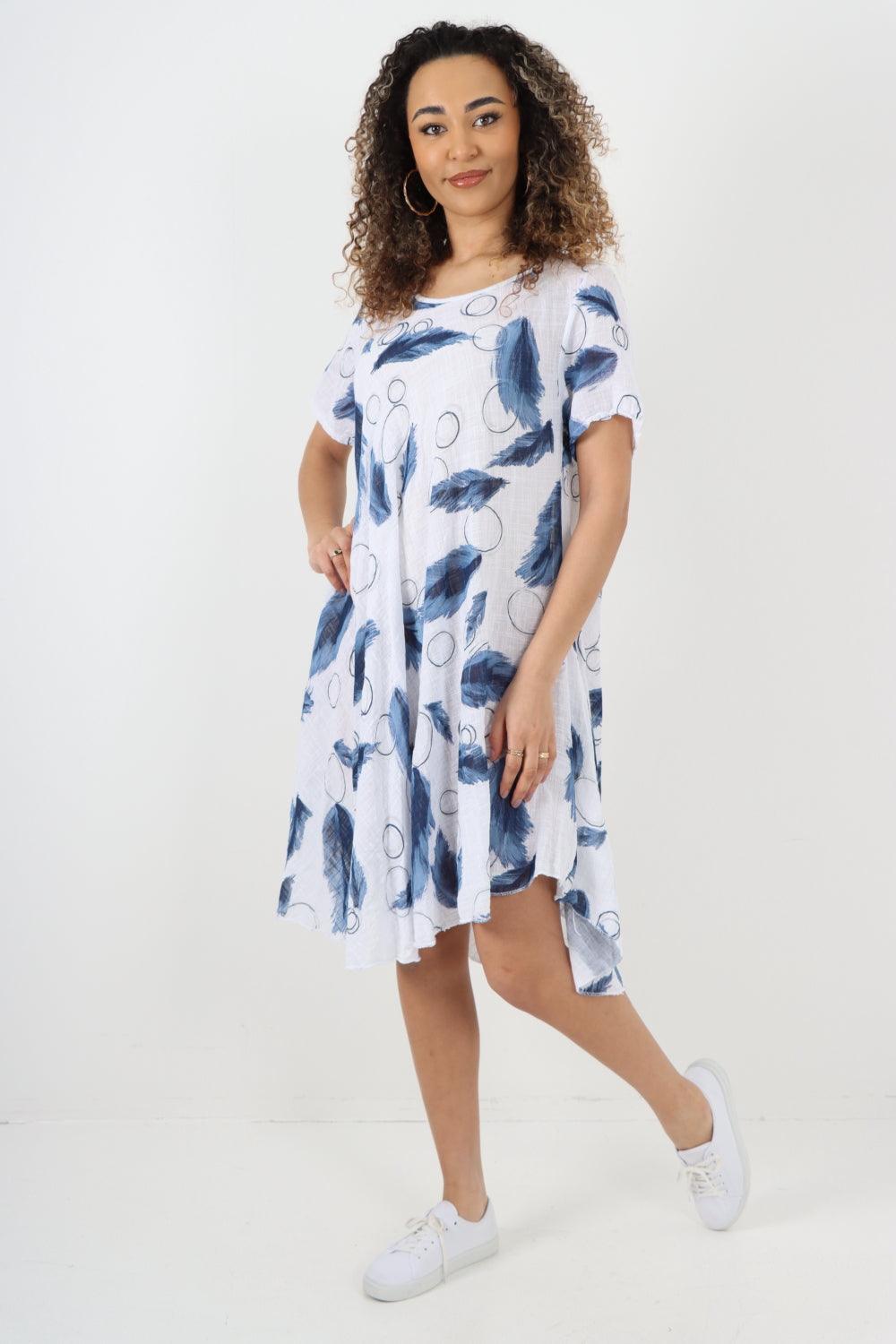 Feather Pattern Cotton Tunic Midi Dress - Lashra Fashion