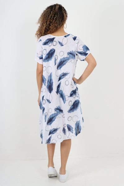 Feather Pattern Cotton Tunic Midi Dress - Lashra Fashion