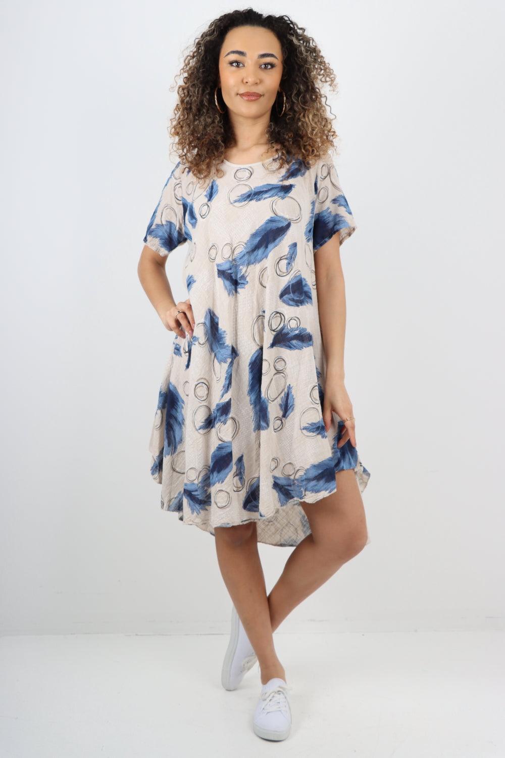 Feather Pattern Cotton Tunic Midi Dress - Lashra Fashion