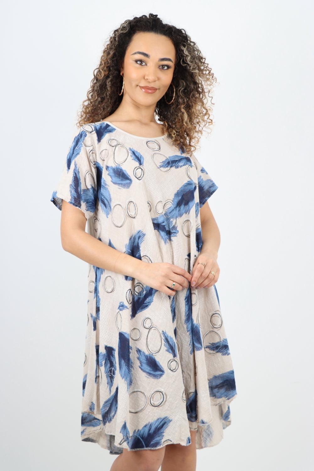 Feather Pattern Cotton Tunic Midi Dress - Lashra Fashion