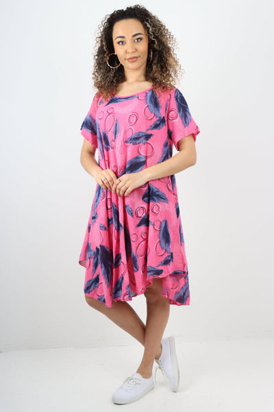 Feather Pattern Cotton Tunic Midi Dress - Lashra Fashion