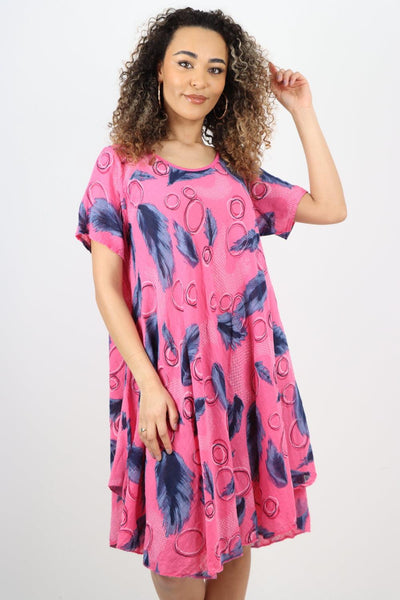 Feather Pattern Cotton Tunic Midi Dress - Lashra Fashion