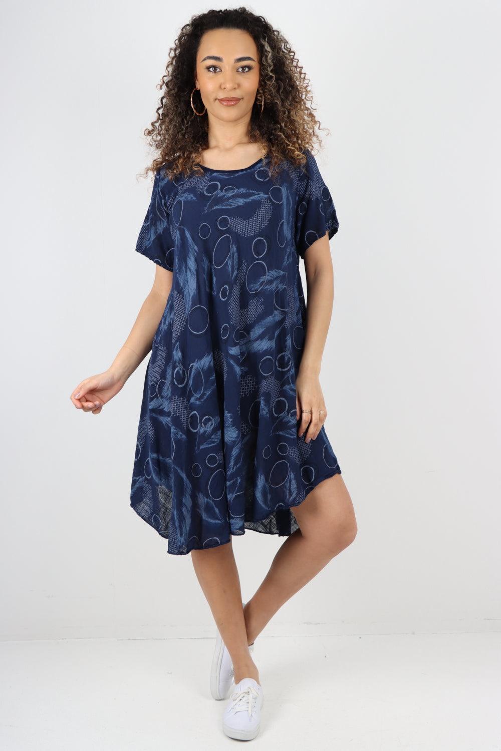 Feather Pattern Cotton Tunic Midi Dress - Lashra Fashion