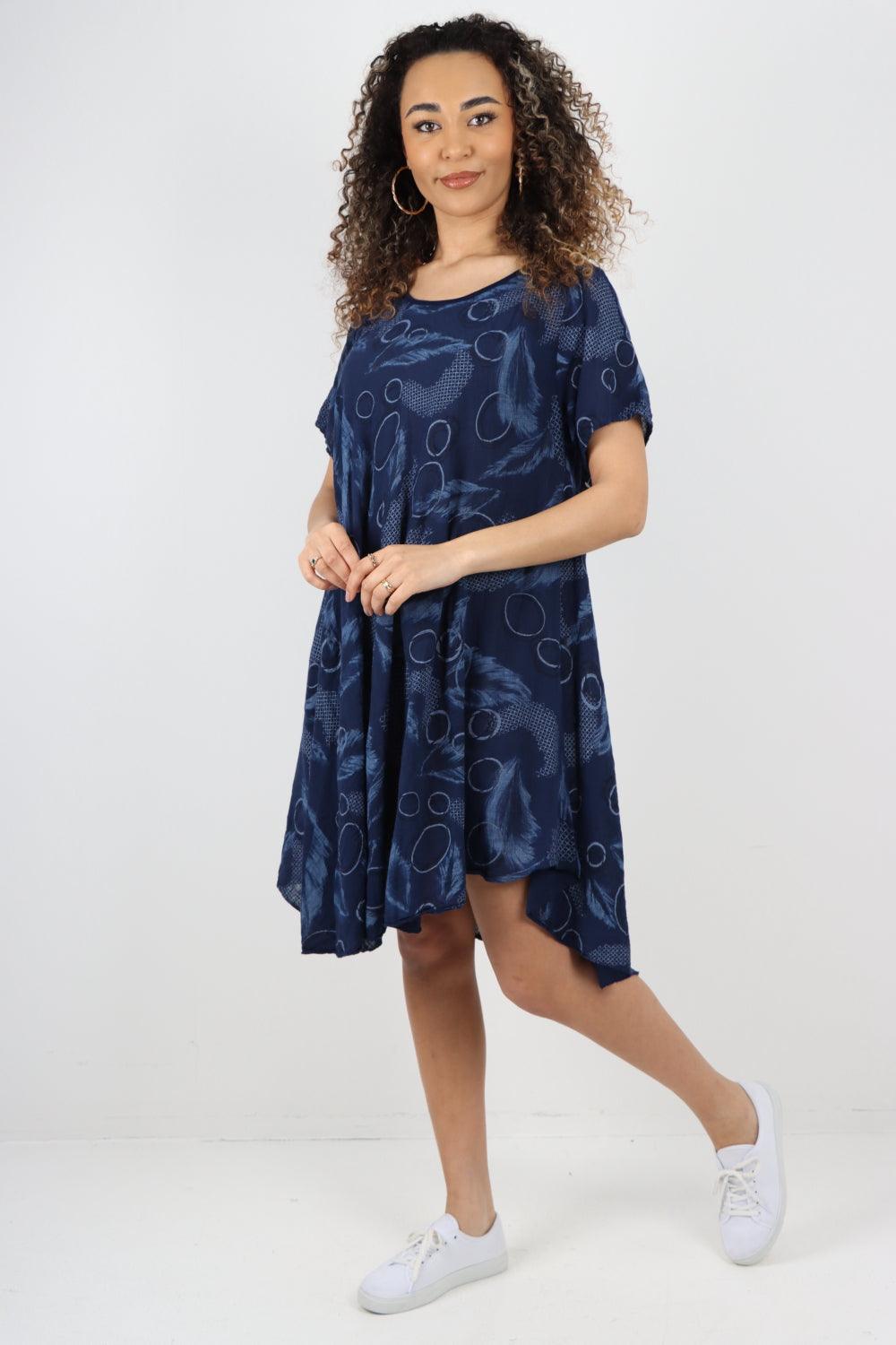 Feather Pattern Cotton Tunic Midi Dress - Lashra Fashion