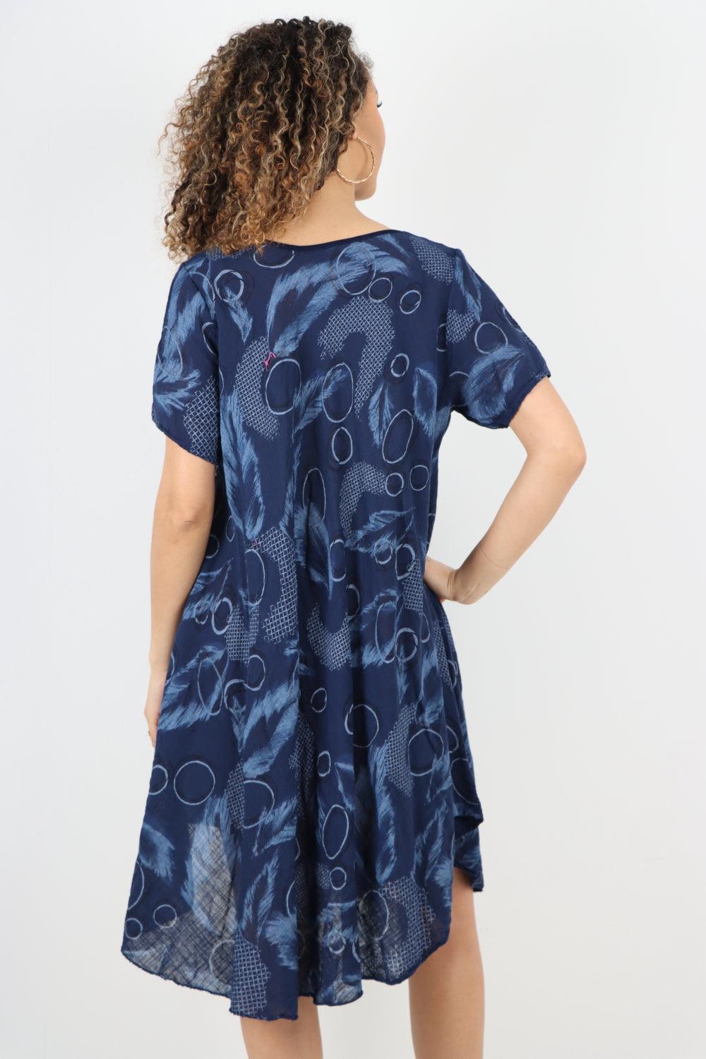 Feather Pattern Cotton Tunic Midi Dress - Lashra Fashion