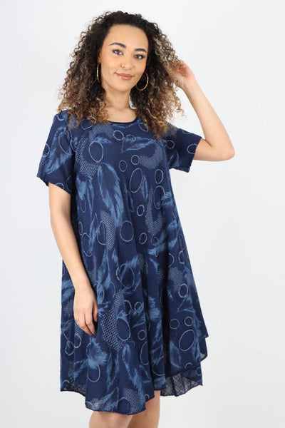 Feather Pattern Cotton Tunic Midi Dress - Lashra Fashion