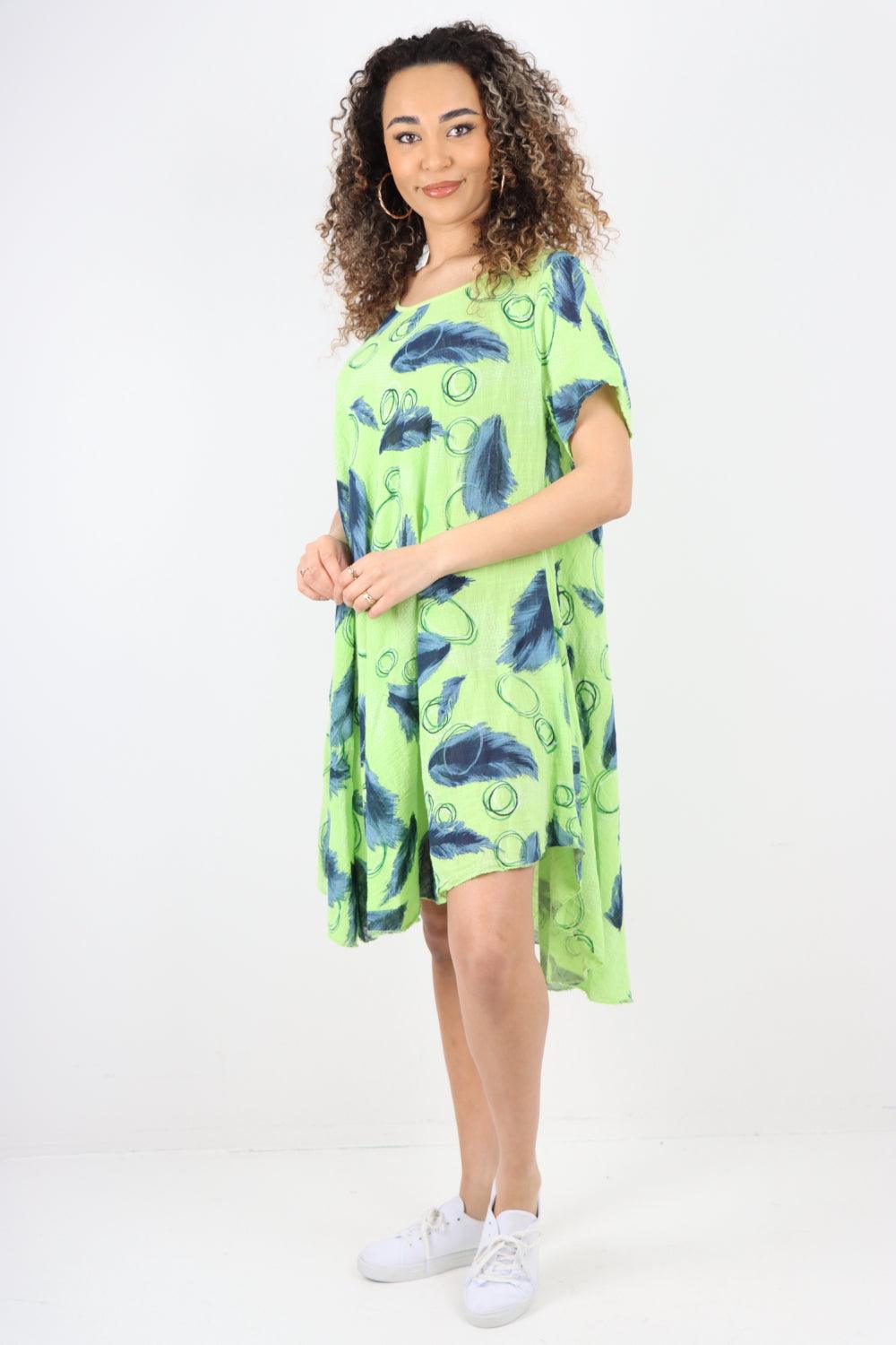 Feather Pattern Cotton Tunic Midi Dress - Lashra Fashion