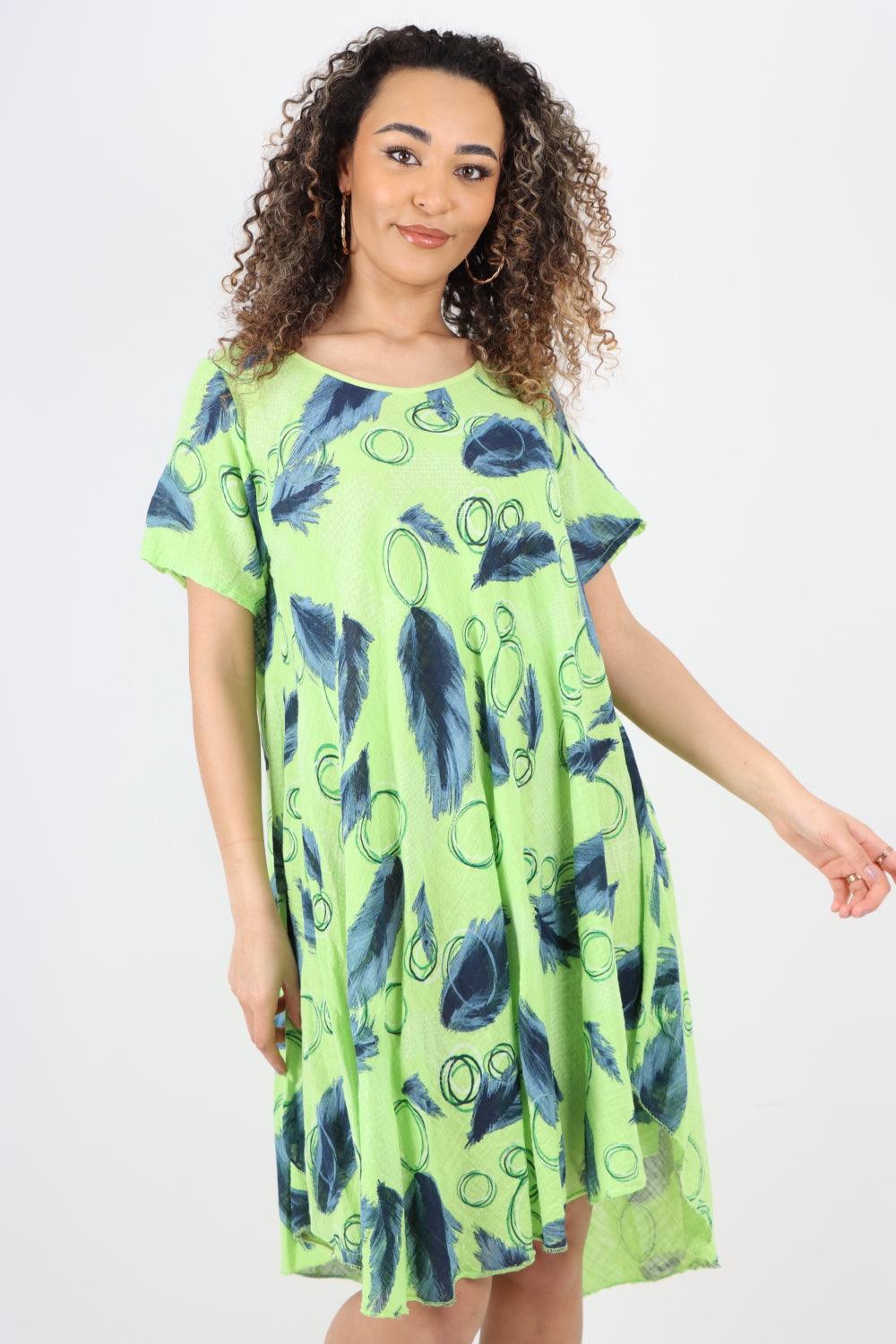 Feather Pattern Cotton Tunic Midi Dress - Lashra Fashion