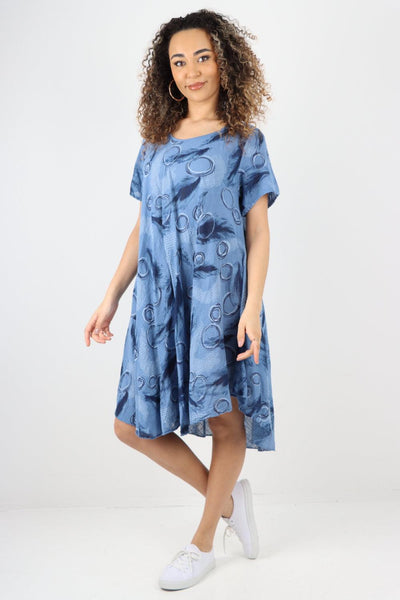 Feather Pattern Cotton Tunic Midi Dress - Lashra Fashion