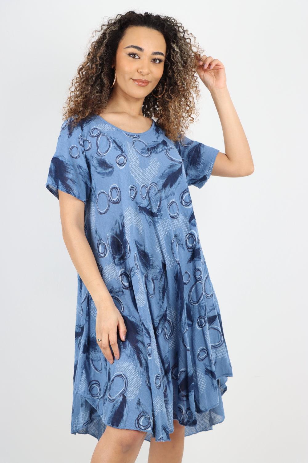 Feather Pattern Cotton Tunic Midi Dress - Lashra Fashion