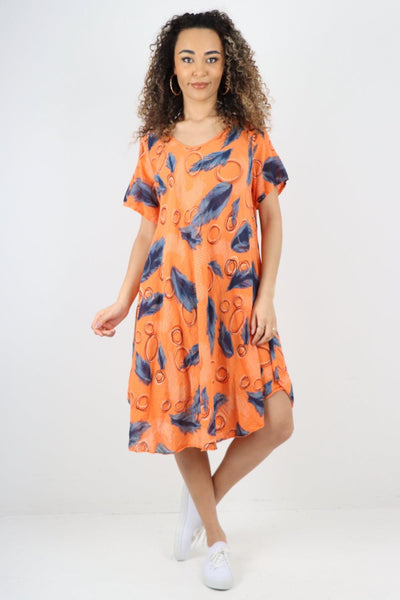 Feather Pattern Cotton Tunic Midi Dress - Lashra Fashion