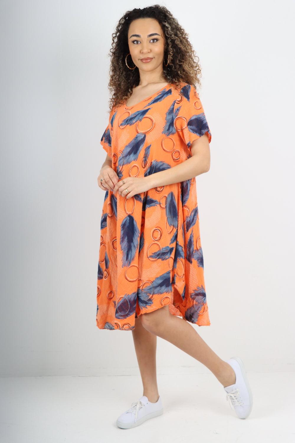 Feather Pattern Cotton Tunic Midi Dress - Lashra Fashion