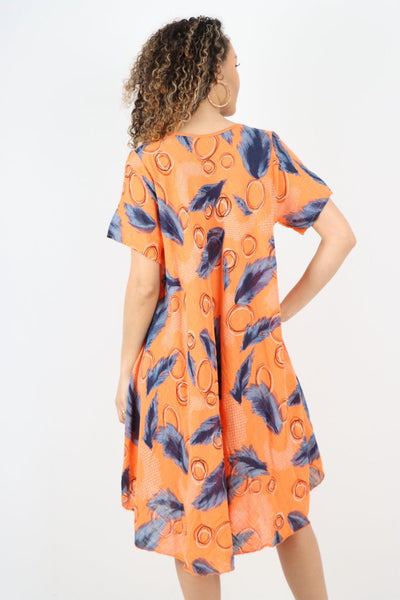 Feather Pattern Cotton Tunic Midi Dress - Lashra Fashion