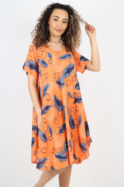 Feather Pattern Cotton Tunic Midi Dress - Lashra Fashion