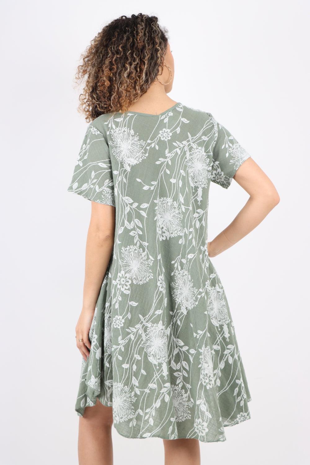 Floral Pattern Short Sleeve Cotton Midi Dress - Lashra Fashion