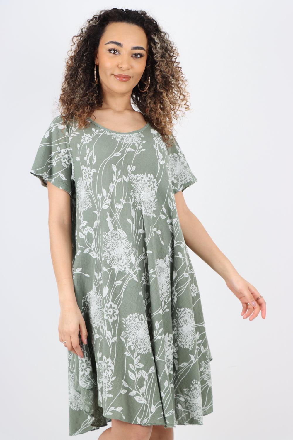 Floral Pattern Short Sleeve Cotton Midi Dress - Lashra Fashion