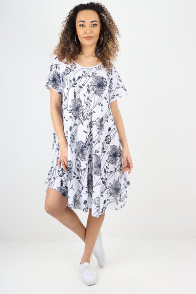 Floral Pattern Short Sleeve Cotton Midi Dress - Lashra Fashion