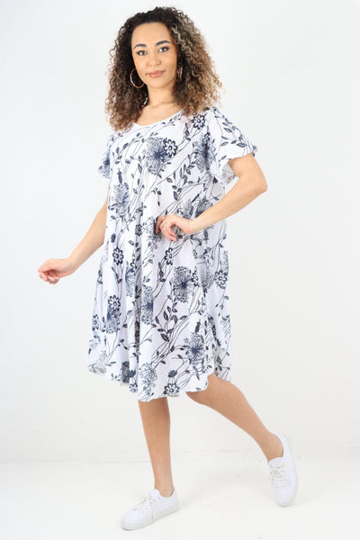 Floral Pattern Short Sleeve Cotton Midi Dress - Lashra Fashion