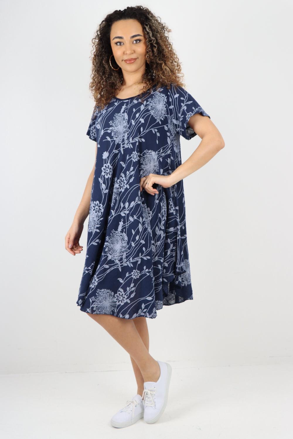 Floral Pattern Short Sleeve Cotton Midi Dress - Lashra Fashion