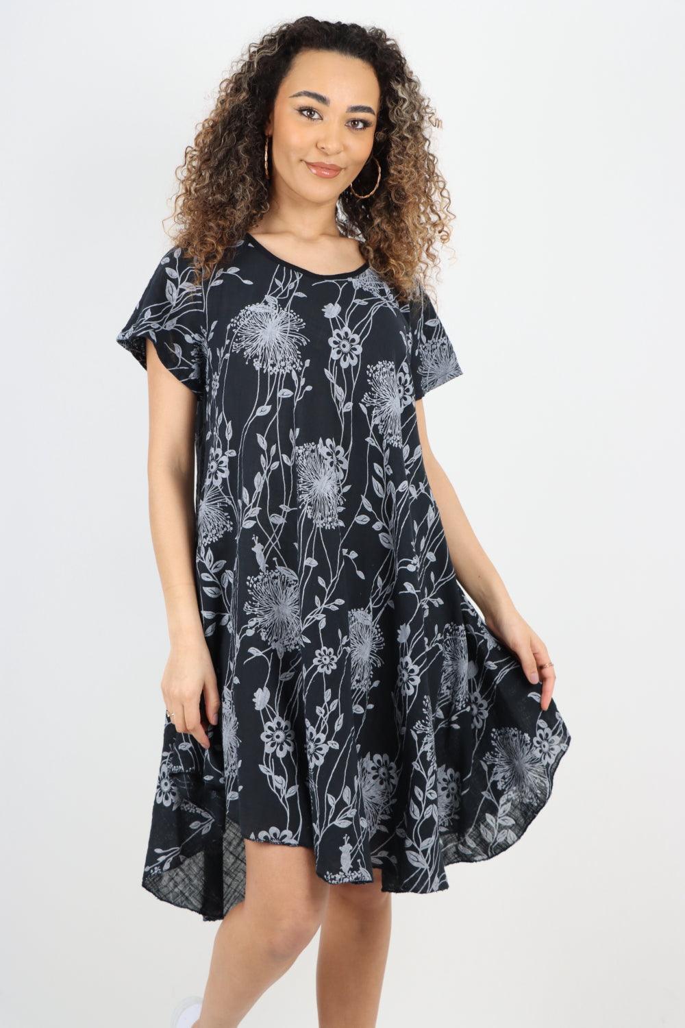 Floral Pattern Short Sleeve Cotton Midi Dress - Lashra Fashion