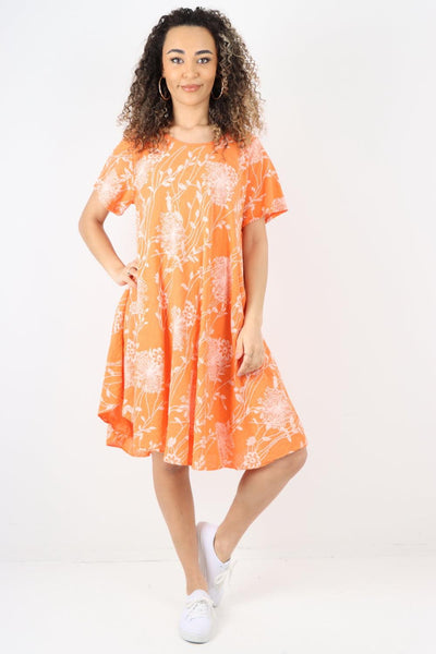 Floral Pattern Short Sleeve Cotton Midi Dress - Lashra Fashion