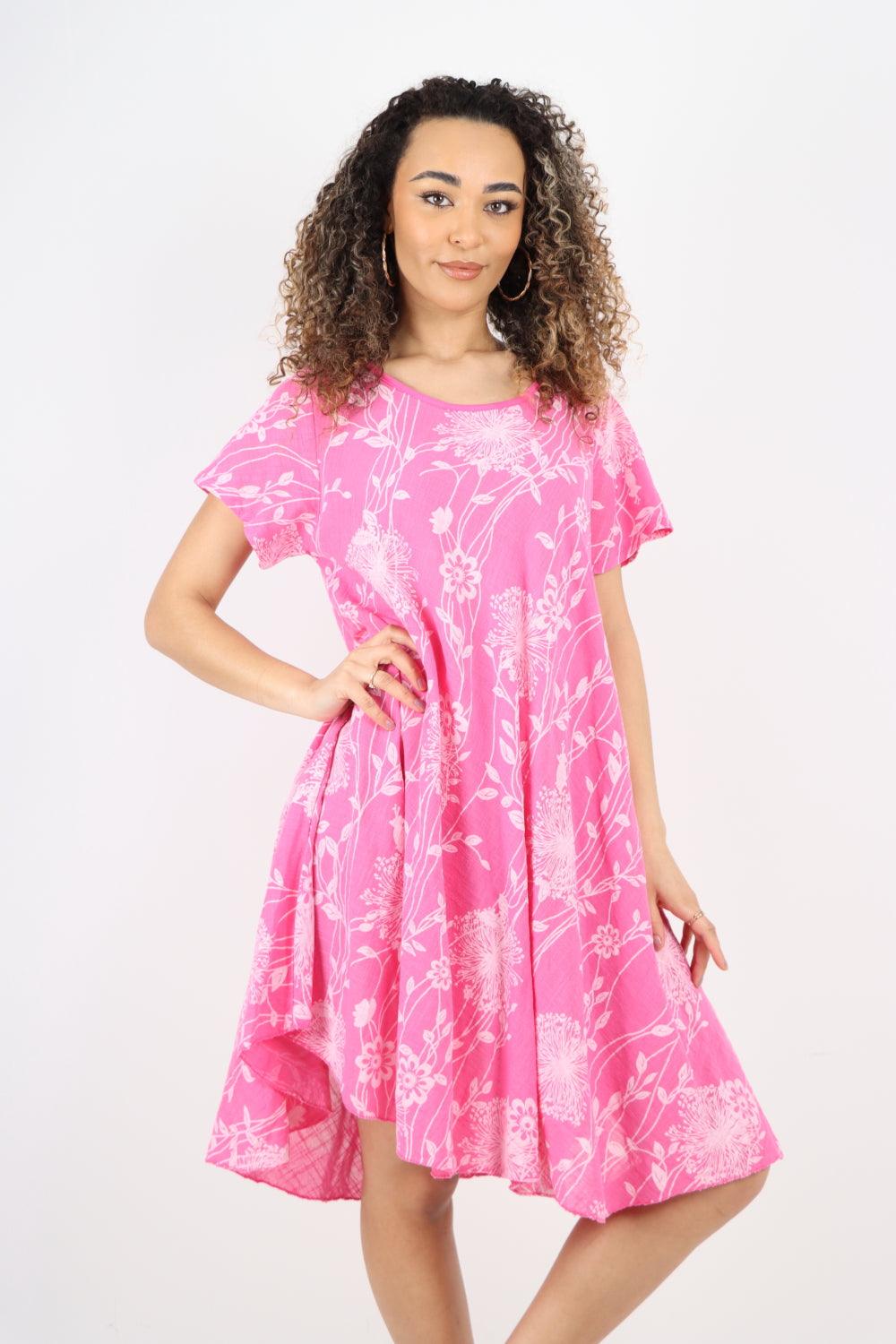 Floral Pattern Short Sleeve Cotton Midi Dress - Lashra Fashion