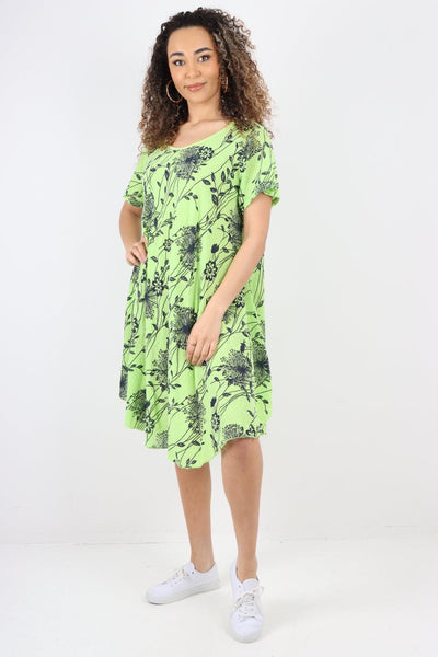 Floral Pattern Short Sleeve Cotton Midi Dress - Lashra Fashion