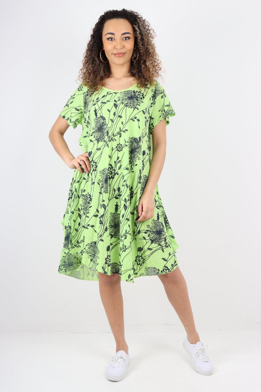 Floral Pattern Short Sleeve Cotton Midi Dress - Lashra Fashion