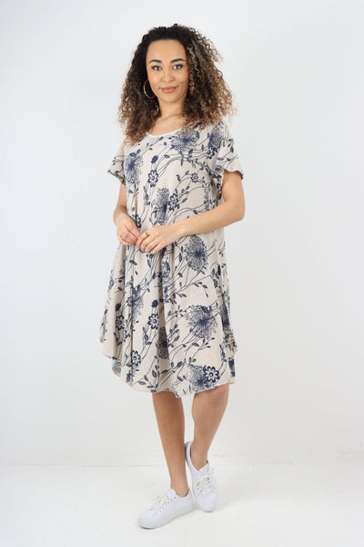 Floral Pattern Short Sleeve Cotton Midi Dress - Lashra Fashion