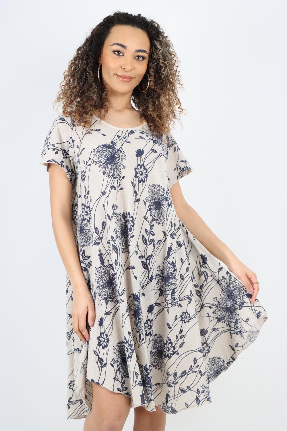 Floral Pattern Short Sleeve Cotton Midi Dress - Lashra Fashion