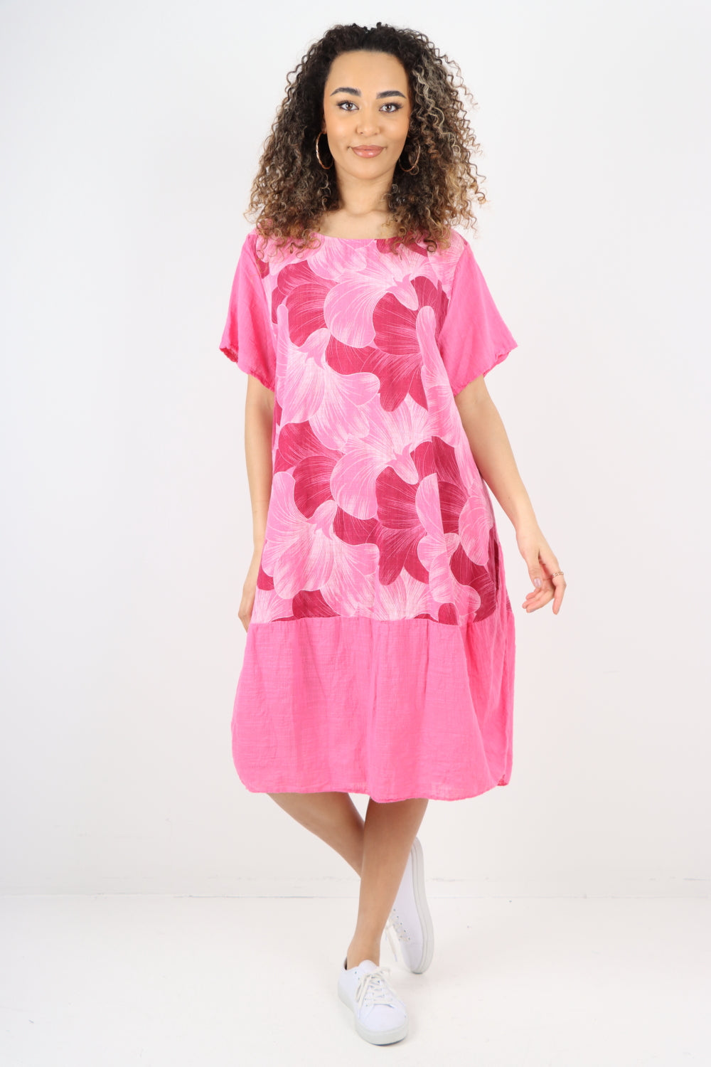 Tulip Print Short Sleeve Round Neck Midi Dress - Lashra Fashion