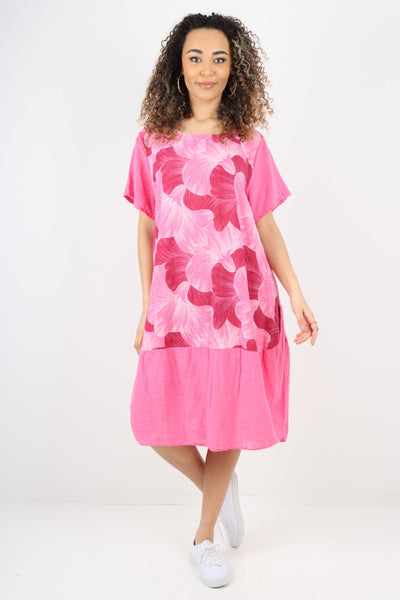 Tulip Print Short Sleeve Round Neck Midi Dress