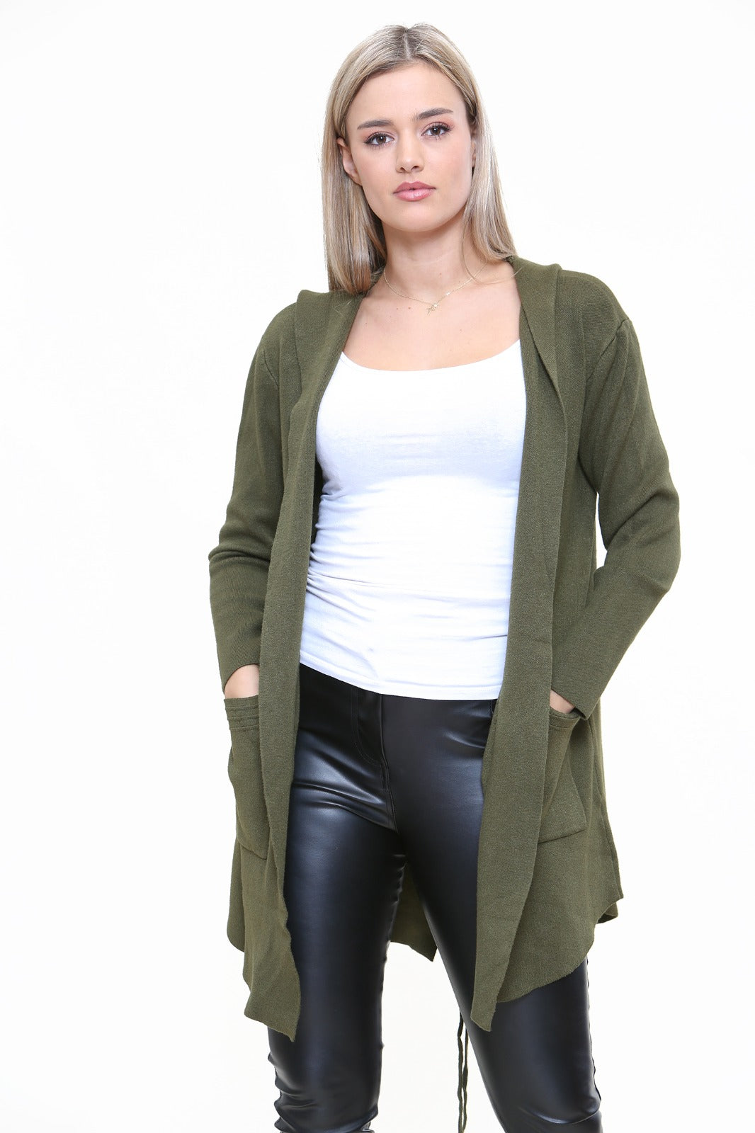 Plait Back Hooded Open Front Cardigan