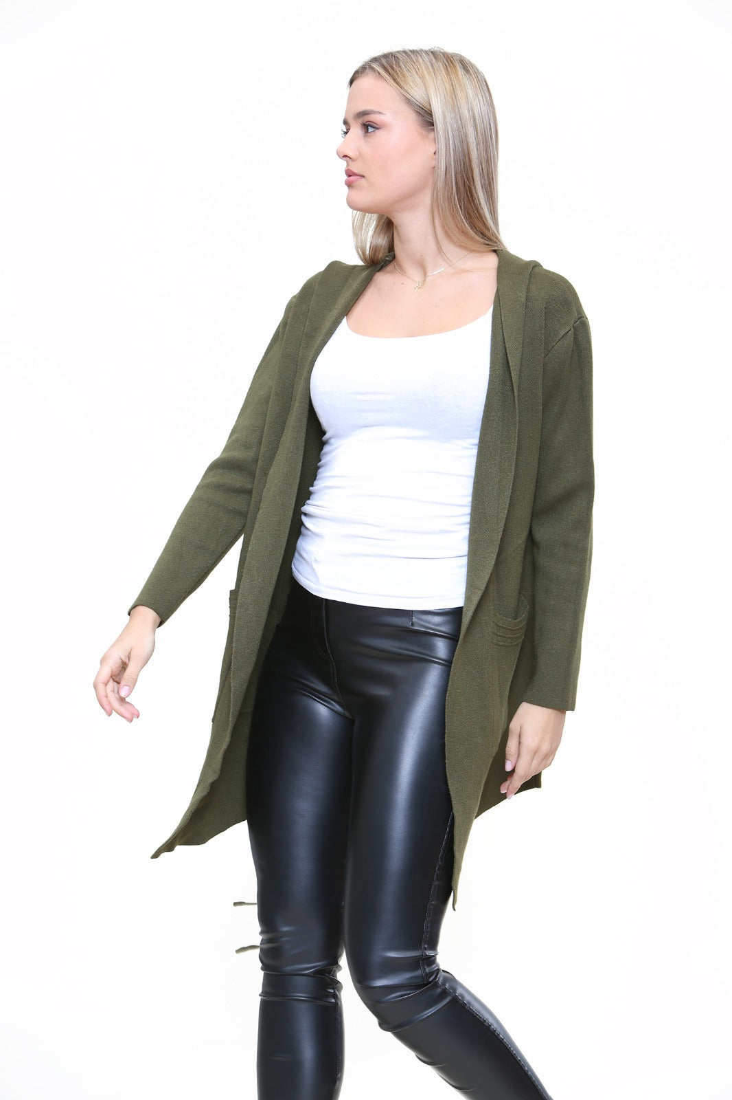 Plait Back Hooded Open Front Cardigan