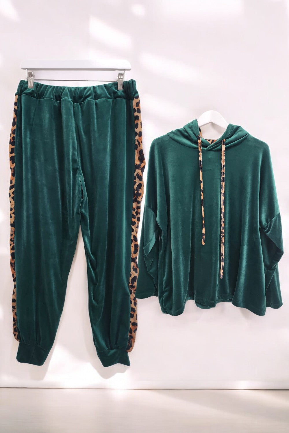 Leopard Print Panel Velour Hooded Co Ord Set