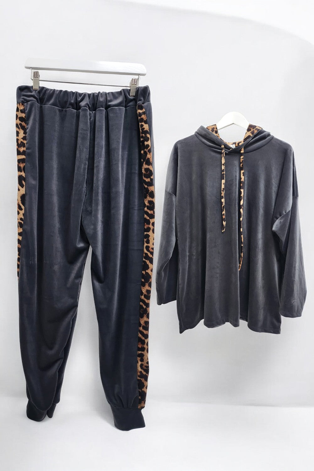 Leopard Print Panel Velour Hooded Co Ord Set