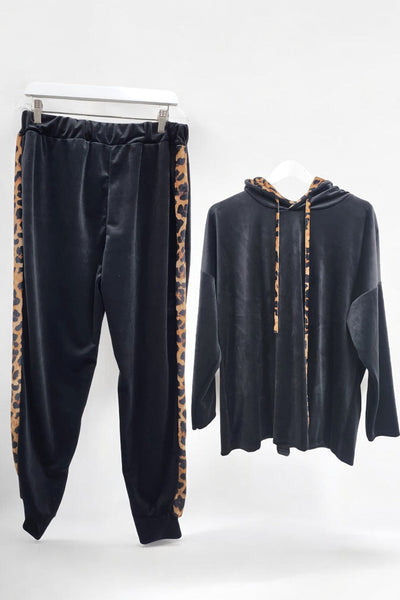 Leopard Print Panel Velour Hooded Co Ord Set