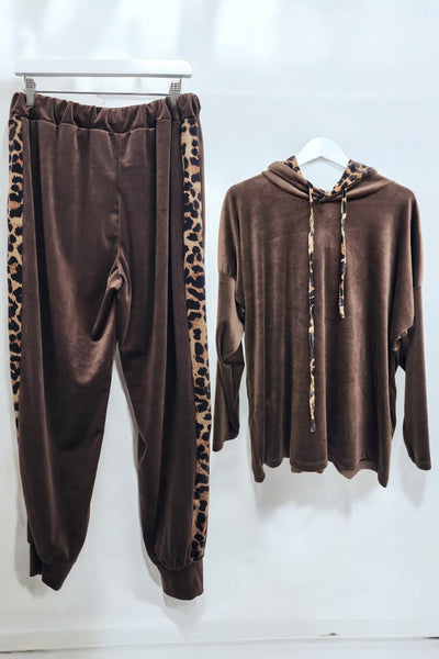 Leopard Print Panel Velour Hooded Co Ord Set