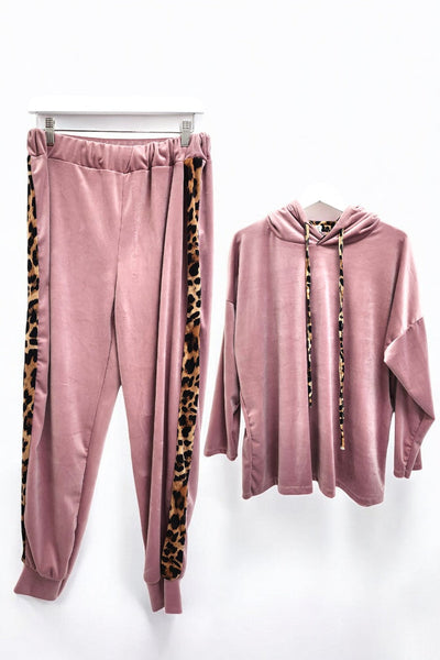 Leopard Print Panel Velour Hooded Co Ord Set